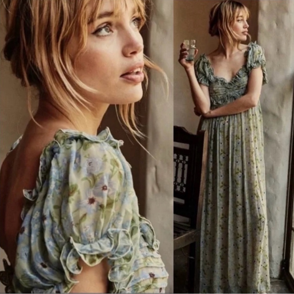 Doen Drew 100% Silk Maxi Dress in Green Strawberry Moon Floral XS